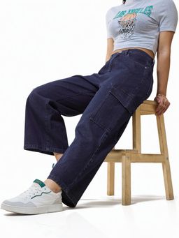 Bewakoof - Womens Blue Baggy Stright Fit Cropped Cargo Jeans