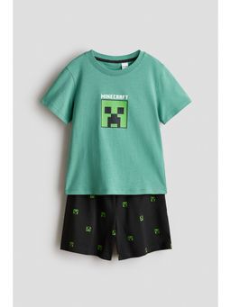 H&M - Boys Green Printed Cotton T-Shirt and Shorts Set