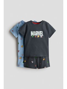 H&M - Boys Blue 2-Pack Printed T-Shirt and Shorts Set