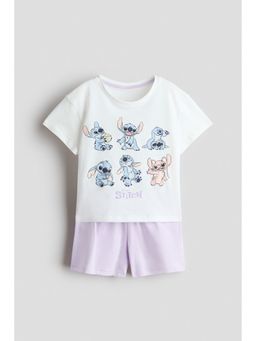 H&M - Girls White Printed Cotton T-Shirt and Shorts Set