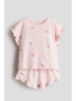 H&M - Girls Pink Frill-Trimmed Printed T-Shirt and Shorts Set