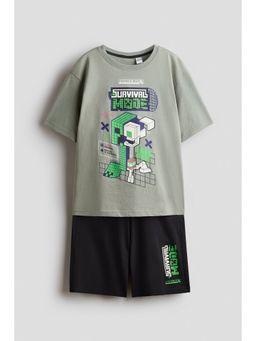 H&M - Boys Green Printed Cotton T-Shirt and Shorts Set