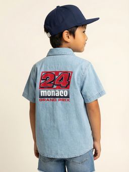 Nautinati - Boy's 100% Cotton Racing Front & Back Placement Print Denim Shirt