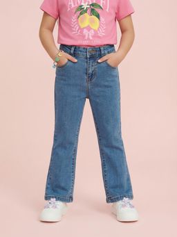Nautinati - Girl's 100% Cotton Stretchable Bootcut Mid-blue Wash Essentials Jeans