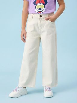 Nautinati - Girl's 100% Cotton White Overdyed Wide-leg Essentials Jeans