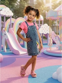 Nautinati - Girl's Unicorn Printed Regular Fit Pinafore T-Shirt With Dungaree