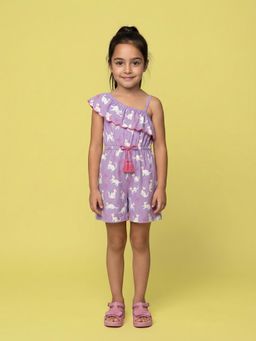 Nautinati - Girl's Asymmetrical Neck Cat Printed Playsuit