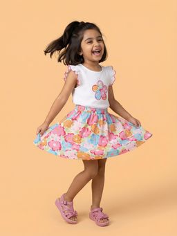 Nautinati - Girl's Cap Sleeve White T-Shirt With Printed Skirt