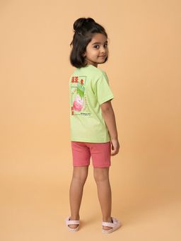 Nautinati - Girl's Matcha Graphic Print Oversized Crew Neck Green T-Shirt With Shorts