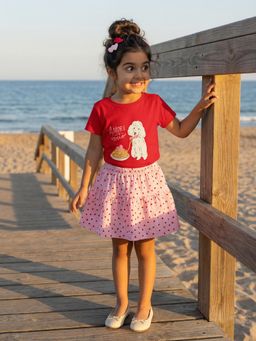 Nautinati - Girl's Red Regular Fit Crew Neck Cotton Graphic T-Shirt With Printed Skirt