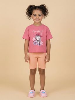 Nautinati - Girl's Pink Cotton Crew Neck T-Shirt With Shorts