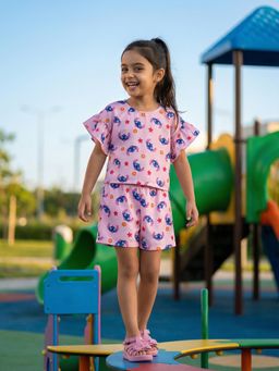 Nautinati - Girl's Lilo and Stitch Printed Regular Fit Round Neck Co-Ord Set