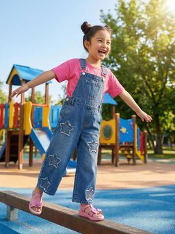 Nautinati - Girl's All-over Star Printed Denim T-Shirt With Dungaree
