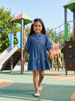 Nautinati - Girl's All-over Polka Dot Printed Regular Fit Denim Dress