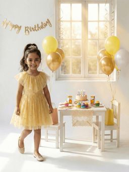 Nautinati - Girl's Fit & Flare Holographic Foil Printed Mesh Party Dress