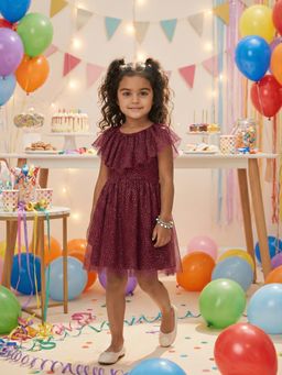 Nautinati - Girl's Fit & Flare Holographic Foil Printed Mesh Party Dress