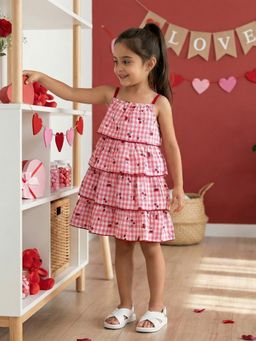 Nautinati - Girl's 100% Cotton Gingham & All-over Cherry Print A-line Dress