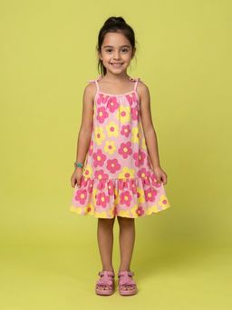 Nautinati - Girl's All-over Floral Printed Relaxed Fit Tie-up Style Sleeveless Dress