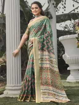 Odette - Womens Soft Silk Green Printed Saree with Unstitched Blouse