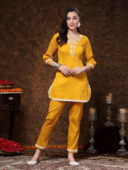 Stylum - Mustard Solid and Embroidered Italia Crepe Co-Ord (Set of 2)