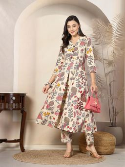 Stylum - Beige Floral Printed Rayon A-Line Kurta with Pant (Set of 2)