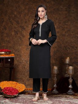 Stylum - Black Solid and Embroidered Crepe Straight Kurta with Pant (Set of 2)