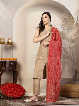 Stylum - Beige Gold Printed Rayon A-Line Kurta with Pant and Dupatta (Set of 3)