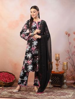 Stylum - Black Floral Printed Straight Kurta with Pant and Dupatta (Set of 3)