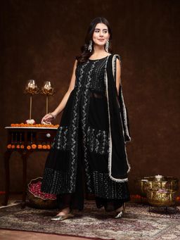 Stylum - Black Georgette Embroidered Tiered Kurta with Pant and Dupatta (Set of 3)