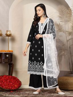 Stylum - Black Printed Rayon A- Line Kurta with Palazzo and Embroidered Dupatta (Set of 3)