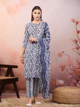 Stylum - Blue Printed Cotton Straight Kurta with Pant and Dupatta (Set of 3)