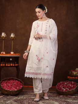 Stylum - Off White Embroidered Silk Straight Kurta with Pant and Dupatta (Set of 3)