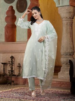 Stylum - Pista Green Embroidered Silk Straight Kurta with Pant and Dupatta (Set of 3)