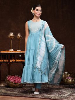 Stylum - Aqua Blue Embroidered Cotton Anarkali Kurta with Pant and Dupatta (Set of 3)