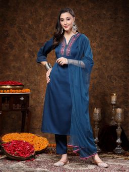 Stylum - Teal Embroidered Italian Crush Straight Kurta with Pant and Dupatta (Set of 3)