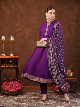 Stylum - Purple Solid & Embroidered Rayon Anarkali Kurta with Pant and Dupatta (Set of 3)