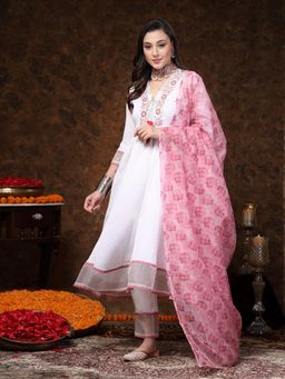 Stylum - White Embroidered Italian Crush Anarkali Kurta with Pant and Dupatta (Set of 3)