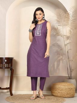 Stylum - Purple Embroidered Cotton Blend Straight Kurta with Pant (Set of 2)