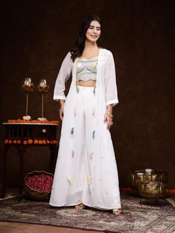 Stylum - White Embellished Georgette Palazzo and Blouse with Jacket (Set of 3)