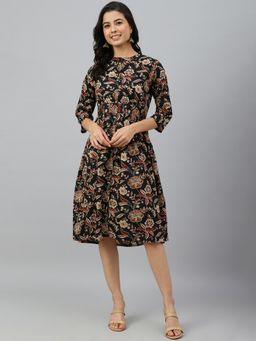 Janasya - Black Cotton Floral Print Flared Dress