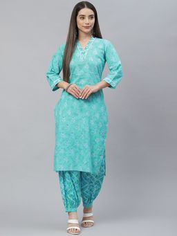 Indibelle - Cotton Teal Floral Print Straight Kurta