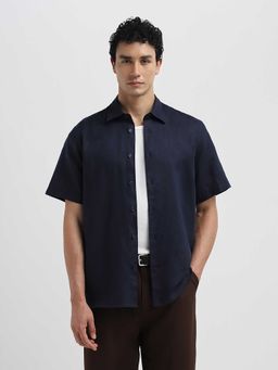 SELECTED HOMME - Men Regular Fit Linen Blend Navy Blue Shirt