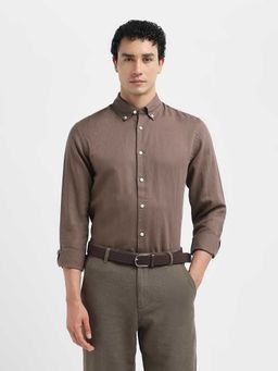 SELECTED HOMME - Men Dark Brown Linen Blend Slim Fit Shirt