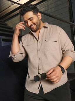Instafab Plus - Men's Beige Textured Full Sleeves Regular Fit Casual Wear Shirt