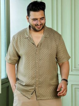 Instafab Plus - Men's Khaki Geometric Weave Half Sleeves Relaxed Fit Casual Wear Shirt