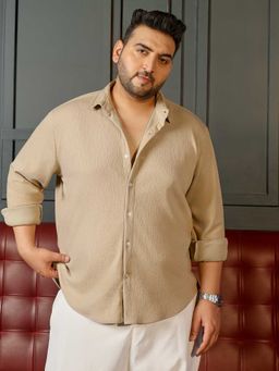 Instafab Plus - Men's Beige Textured Full Sleeves Relaxed Fit Casual Wear Shirt