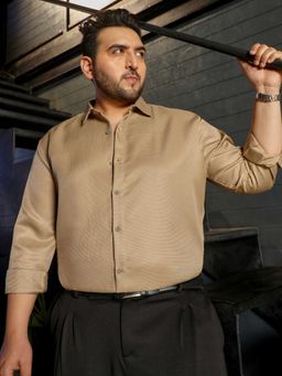 Instafab Plus - Men's Khaki Self Design Full Sleeves Regular Fit Formal Wear Shirt