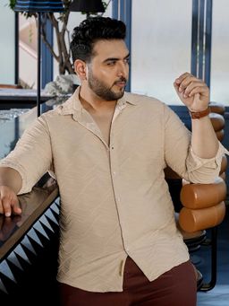 Instafab Plus - Men's Beige Textured Full Sleeves Regular Fit Casual Wear Shirt