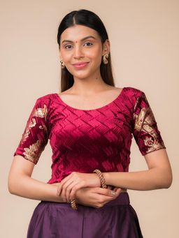 BINDIGASM'S ADVI - Arisa Texture Velvet Gold Paisley with Round Neck Stretchable Pull On Blouse