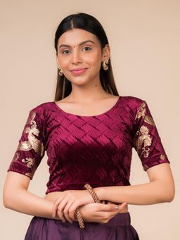BINDIGASM'S ADVI - Arisa Texture Velvet Gold Paisley with Round Neck Stretchable Pull On Blouse